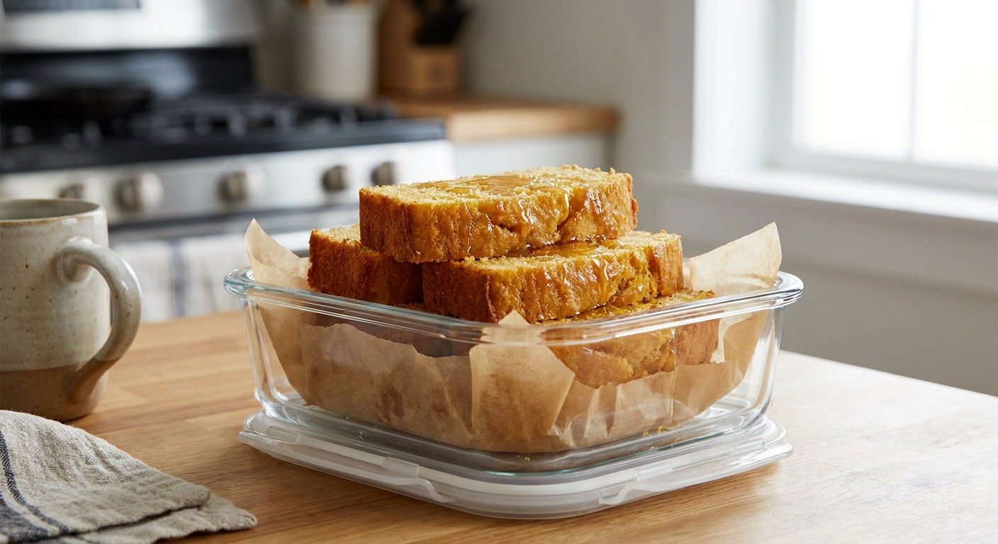 Sliced honey cornbread stacked in an airtight container lined with parchment on a kitchen counter, ready for storing leftovers