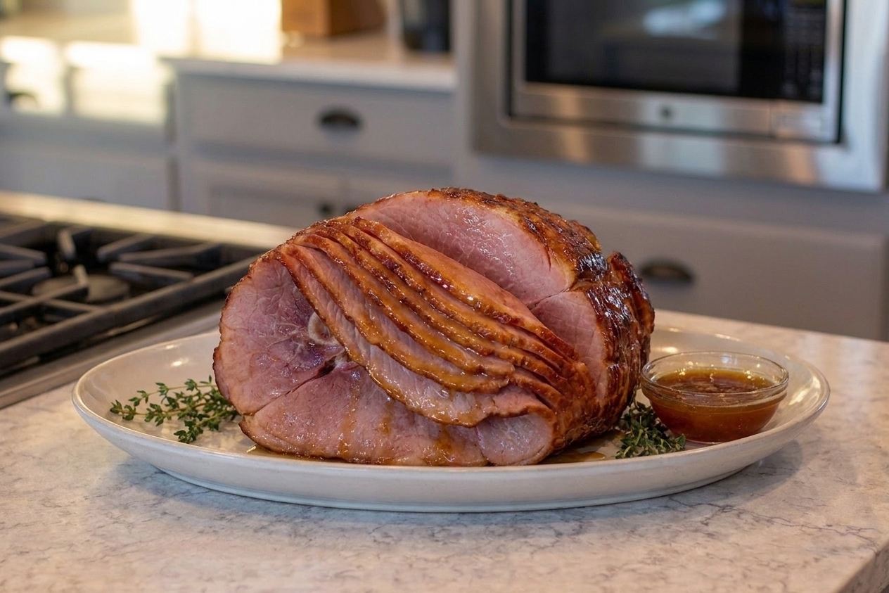Sliced honey glazed ham fanned on a serving platter with caramelized edges and glossy glaze