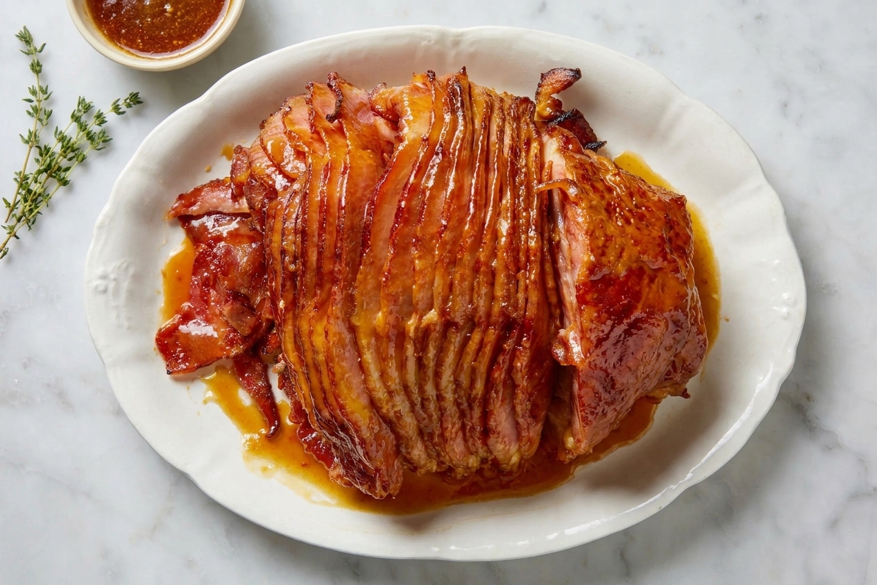 Sliced honey glazed ham fanned on a serving platter with a shiny glaze and caramelized edges, ready for the table
