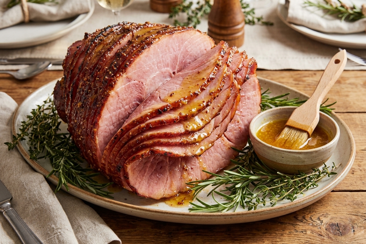 Sliced honey glazed ham fanned on a serving platter with a small bowl of extra glaze and herbs on a dining table