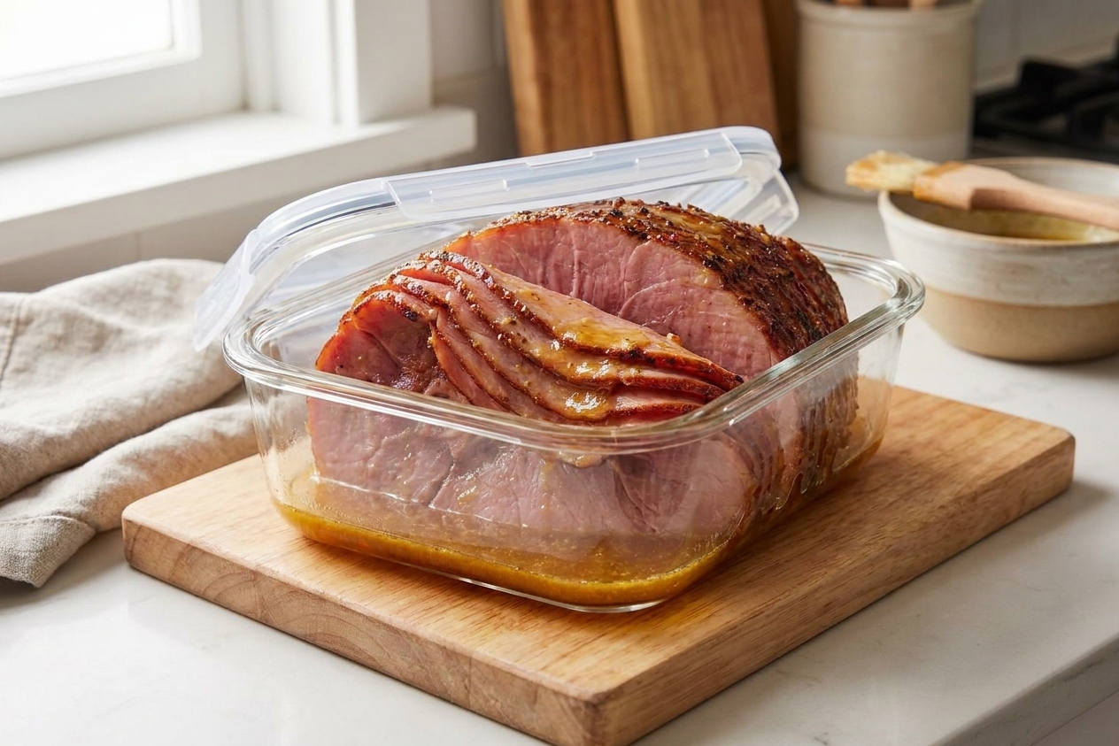 Sliced honey glazed ham stored in a glass airtight container with a little pan juice pooled at the bottom on a kitchen counter