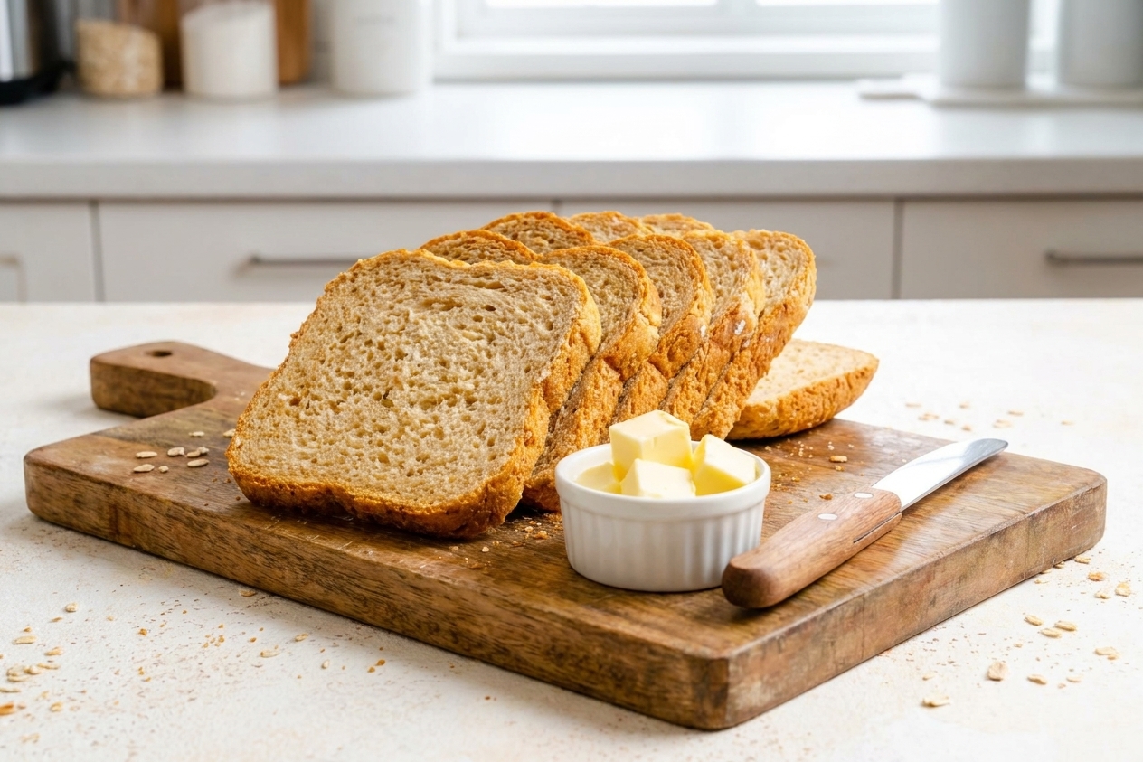 Sliced honey oat sandwich bread fanned on a cutting board with a butter knife and a small dish of butter on a tidy kitchen table