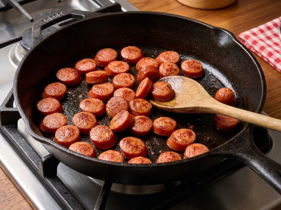 Sliced hot dogs browning in a large skillet with lightly crisped edges and a wooden spoon nearby