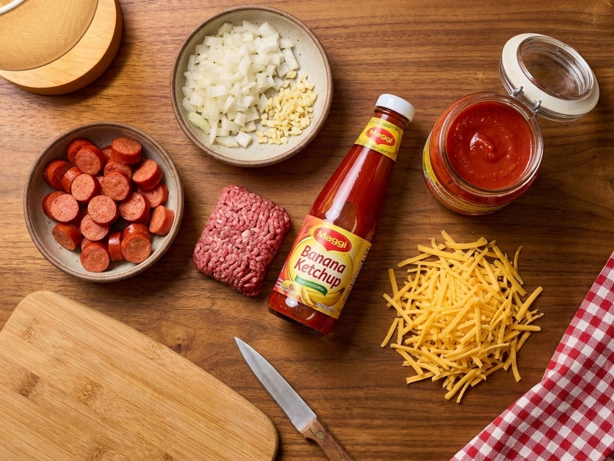 Sliced hot dogs, chopped onions, minced garlic, ground meat, banana ketchup, tomato sauce, and shredded cheddar laid out on a kitchen counter ready for cooking