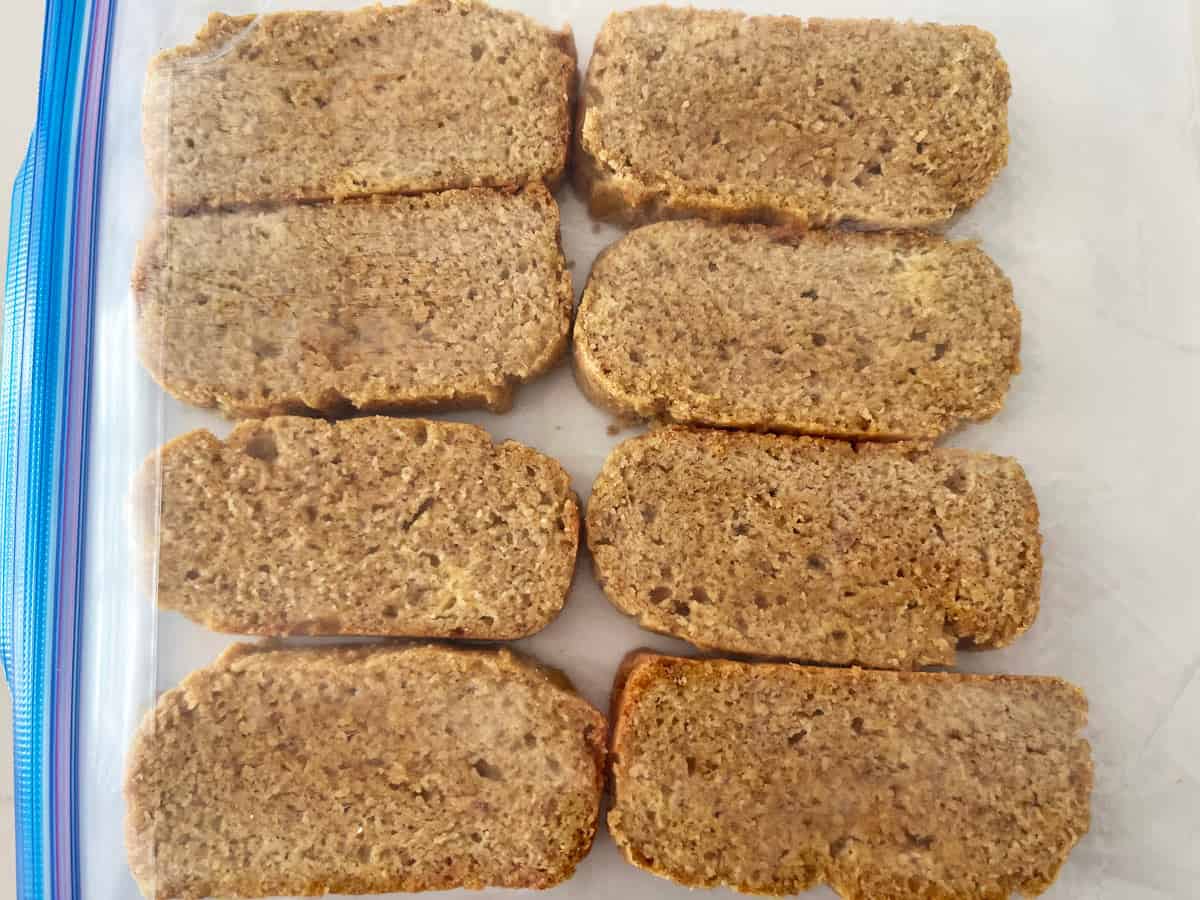 Sliced keto bread packed in a freezer bag, ready to freeze