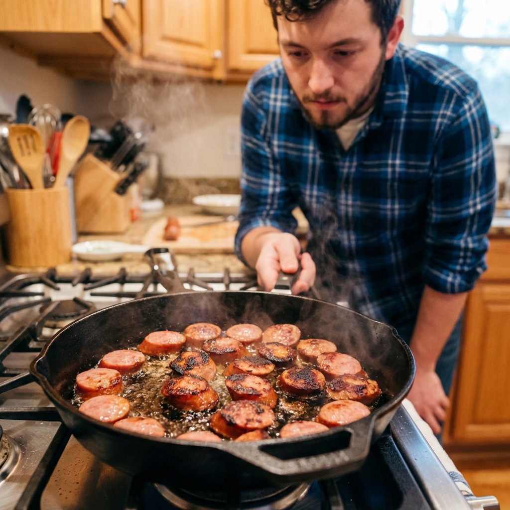 Sliced kielbasa browning in a hot skillet with crisp edges forming