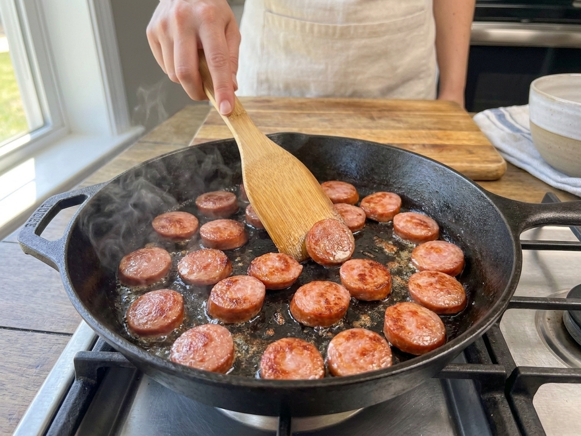 Sliced kielbasa browning in a hot skillet with crisp golden edges on a stovetop