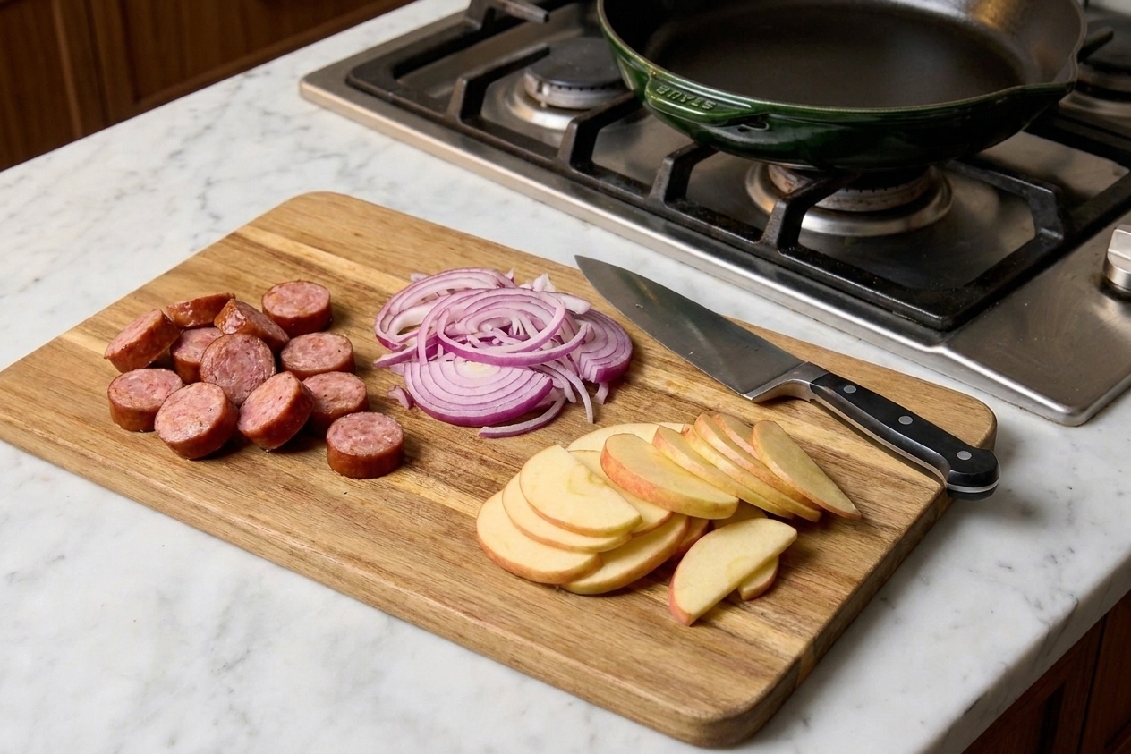 Sliced kielbasa rounds, thinly sliced onion, and thin apple slices arranged on a wooden cutting board on a kitchen counter