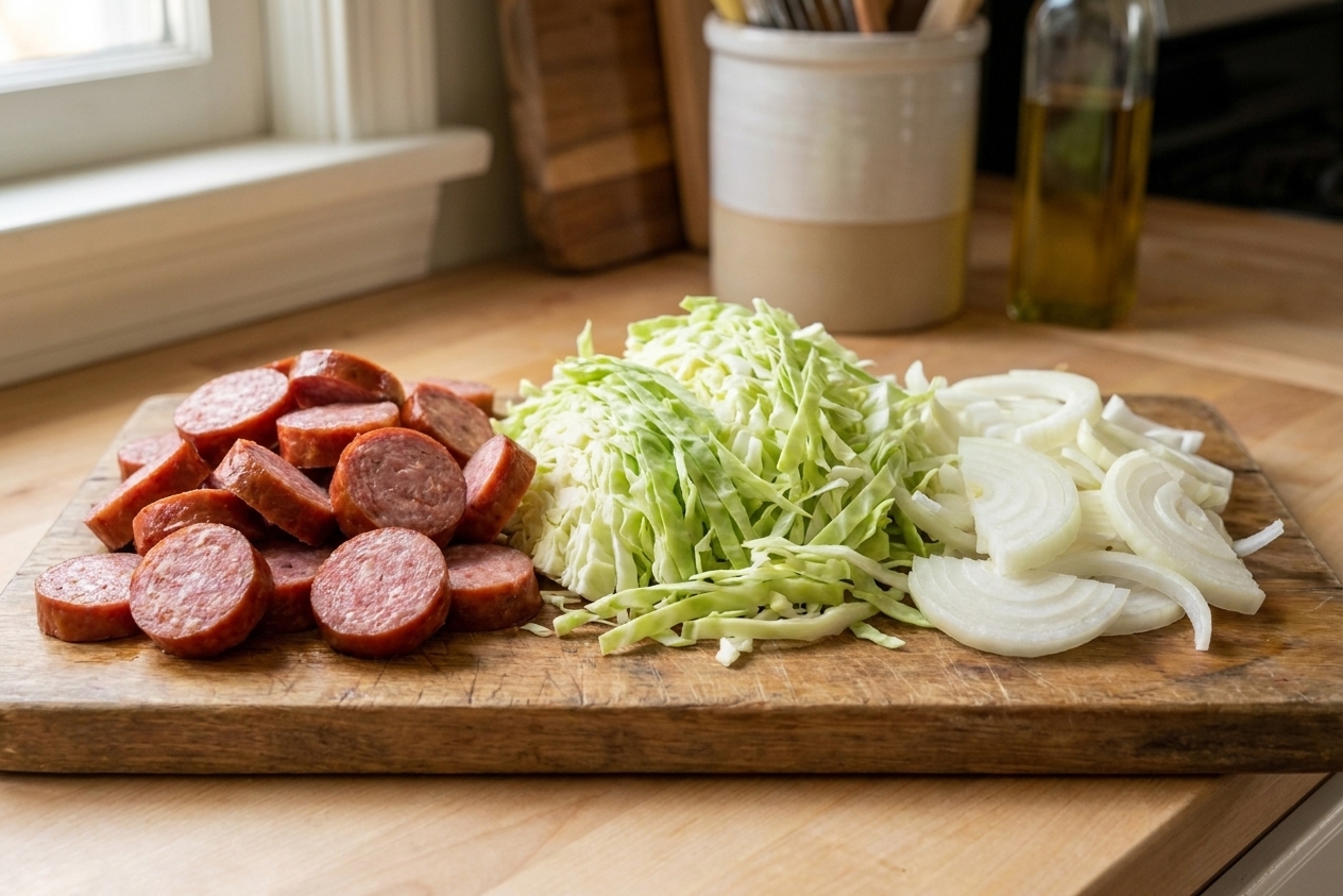 Sliced kielbasa sausage, a pile of shredded green cabbage, and thinly sliced onion prepped on a wooden cutting board on a bright kitchen counter