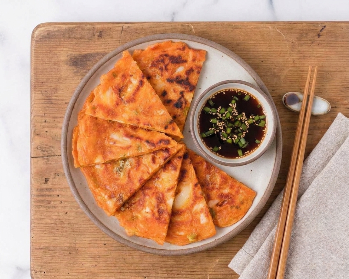 Sliced kimchi pancake wedges arranged around a small bowl of soy sesame dipping sauce on a simple dinner table