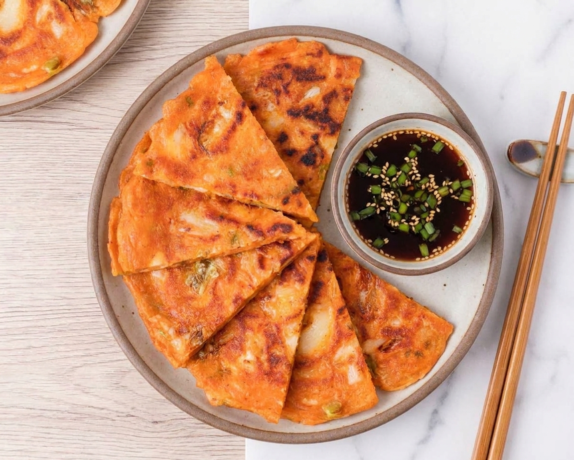 Sliced kimchi pancake wedges stacked on a plate with a small bowl of dipping sauce on a wooden table