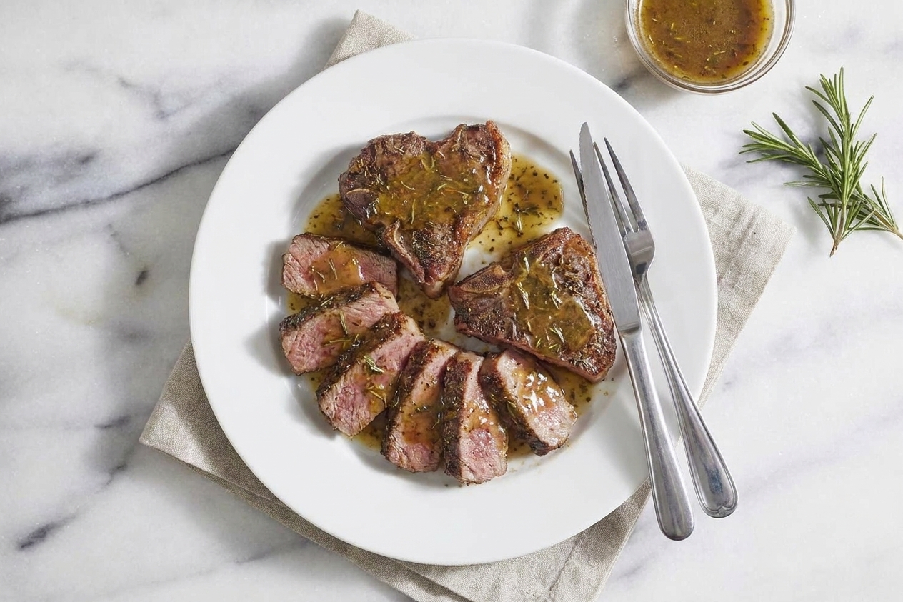 Sliced lamb loin steaks on a plate with lemon-rosemary pan sauce spooned over the top, served at a dinner table