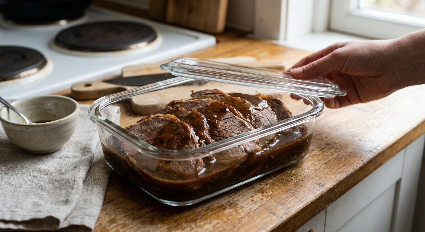 Sliced lamb roast stored in a glass container with a little gravy to keep it moist