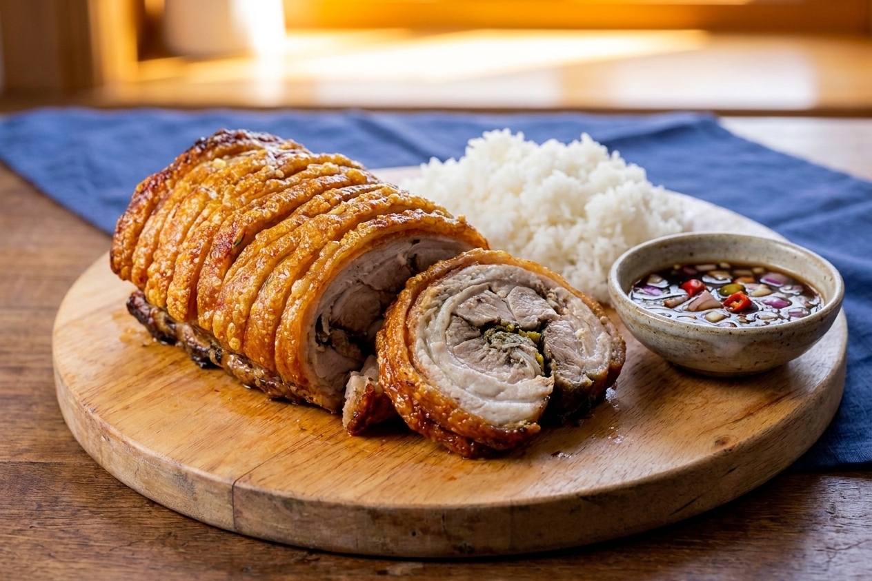 Sliced lechon belly on a platter showing crisp bubbled skin and juicy layers of meat, served with rice and a small bowl of dipping sauce