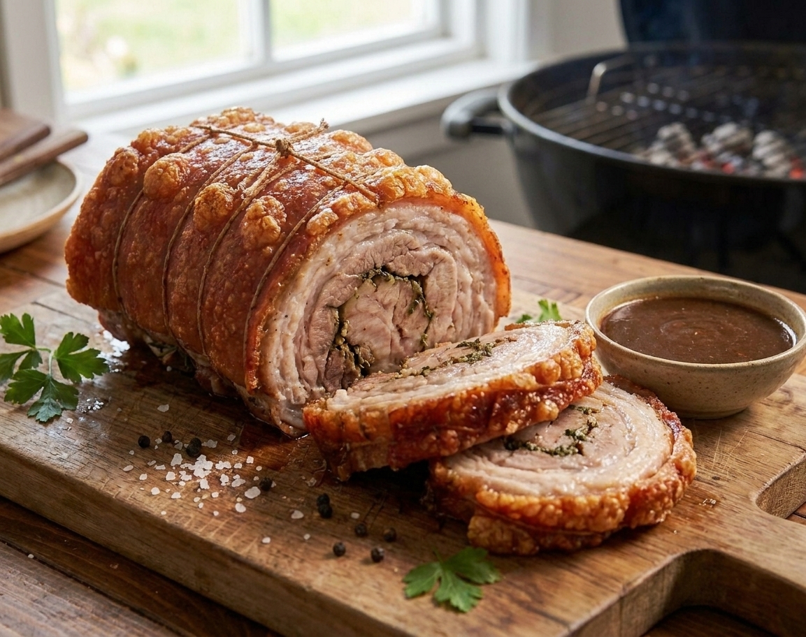 Sliced lechon belly pieces on a wooden cutting board showing crisp crackling skin and juicy layers, with a small bowl of dipping sauce nearby