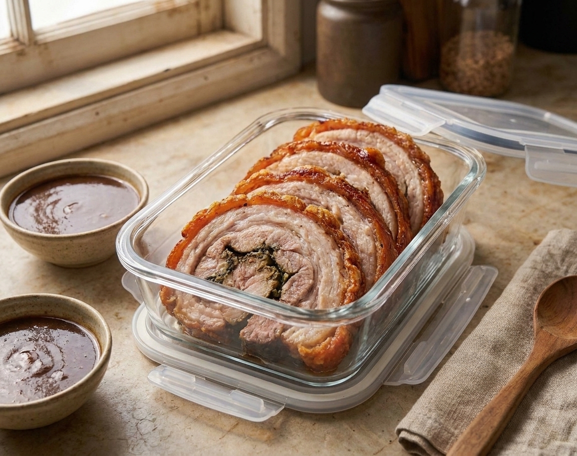 Sliced lechon belly stored in a clear airtight container on a kitchen counter with a separate small container of sauce