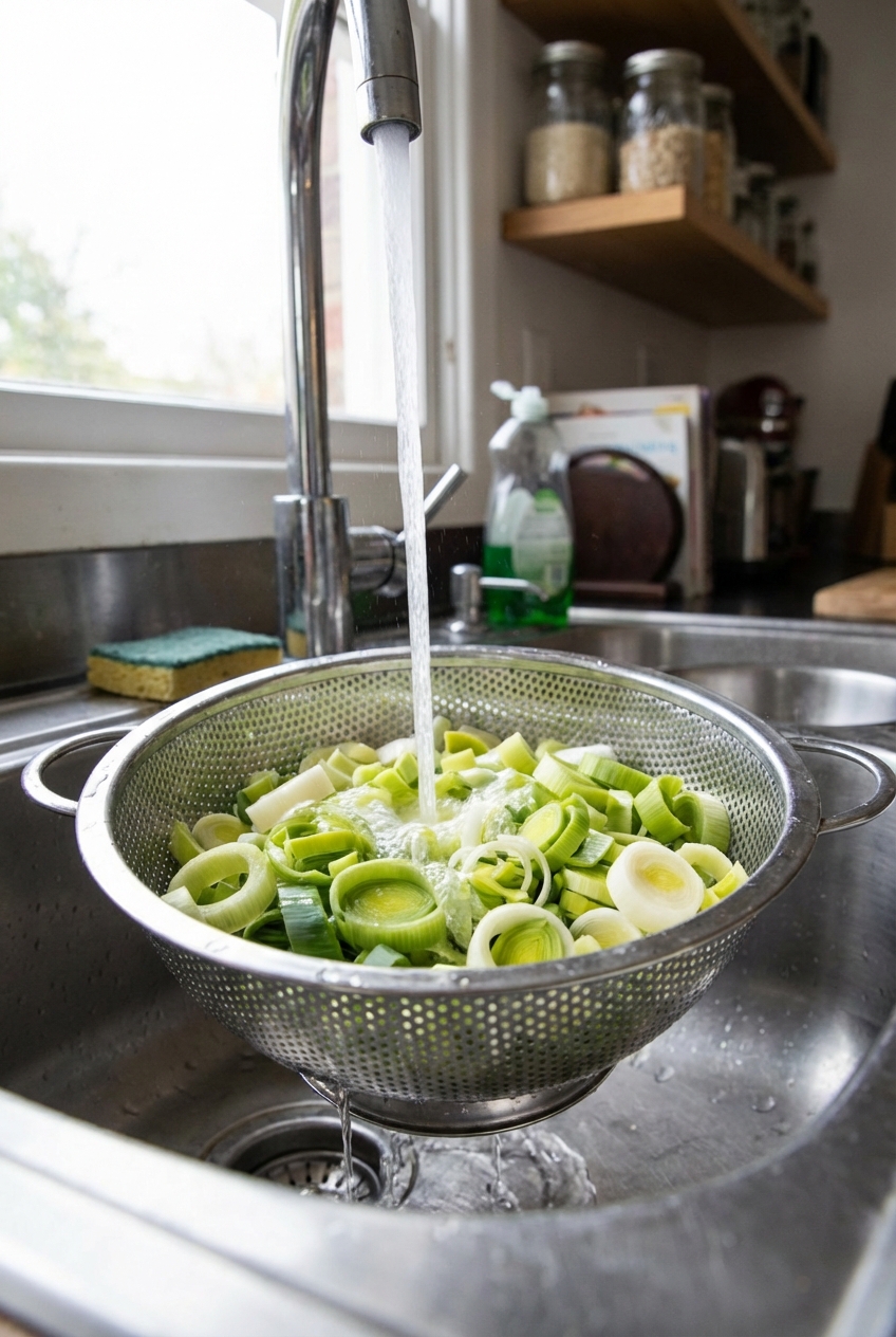 Sliced leeks in a colander being rinsed under running water in a home kitchen sink