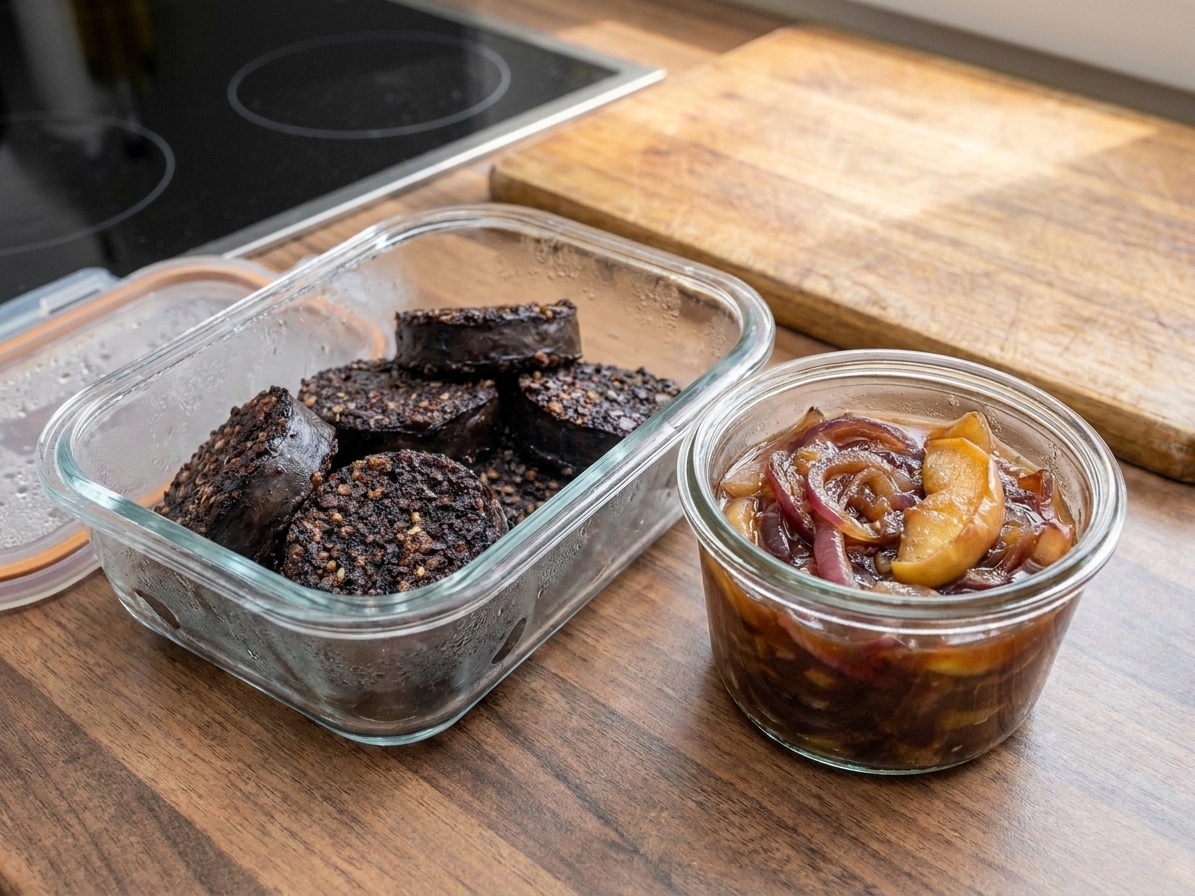 Sliced leftover black pudding in a glass airtight container next to a small container of apple onion sauce on a kitchen counter