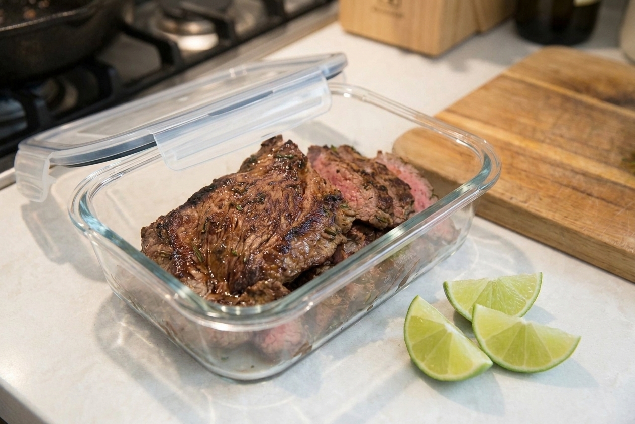 Sliced leftover carne asada stored in a glass meal prep container with lime wedges beside it on a kitchen counter