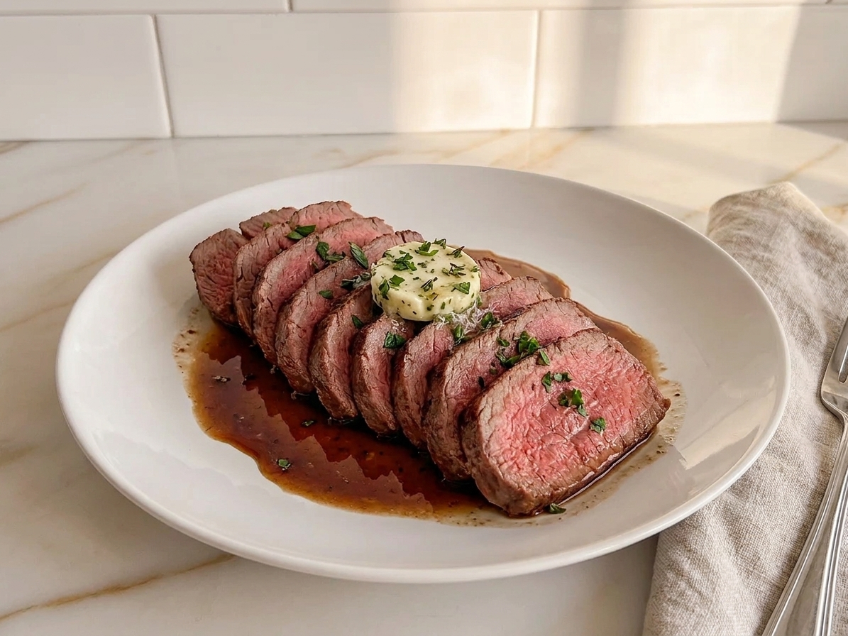 Sliced leftover filet mignon fanned on a plate with resting juices and a small spoonful of herb butter