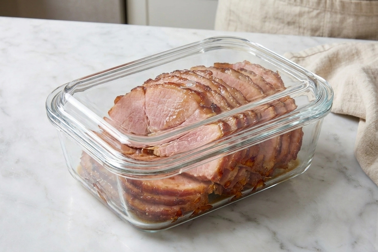 Sliced leftover glazed ham stacked in a glass storage container with a tight lid on a kitchen counter