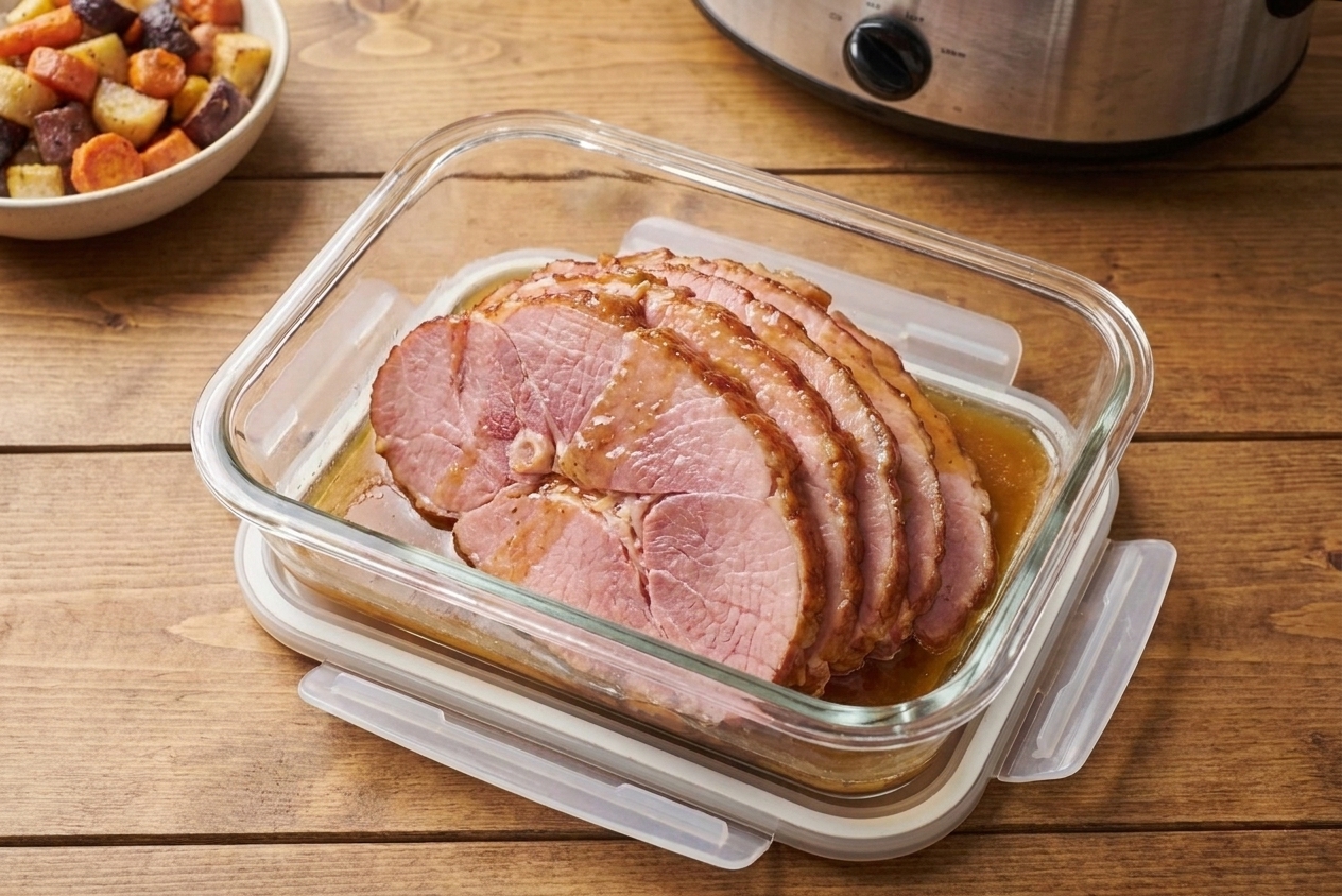 Sliced leftover ham in a glass airtight container with a little cooking liquid at the bottom on a kitchen counter