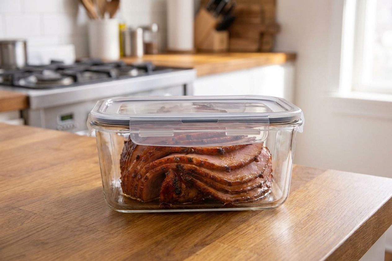 Sliced leftover ham stacked in a clear airtight container on a kitchen counter, ready to refrigerate
