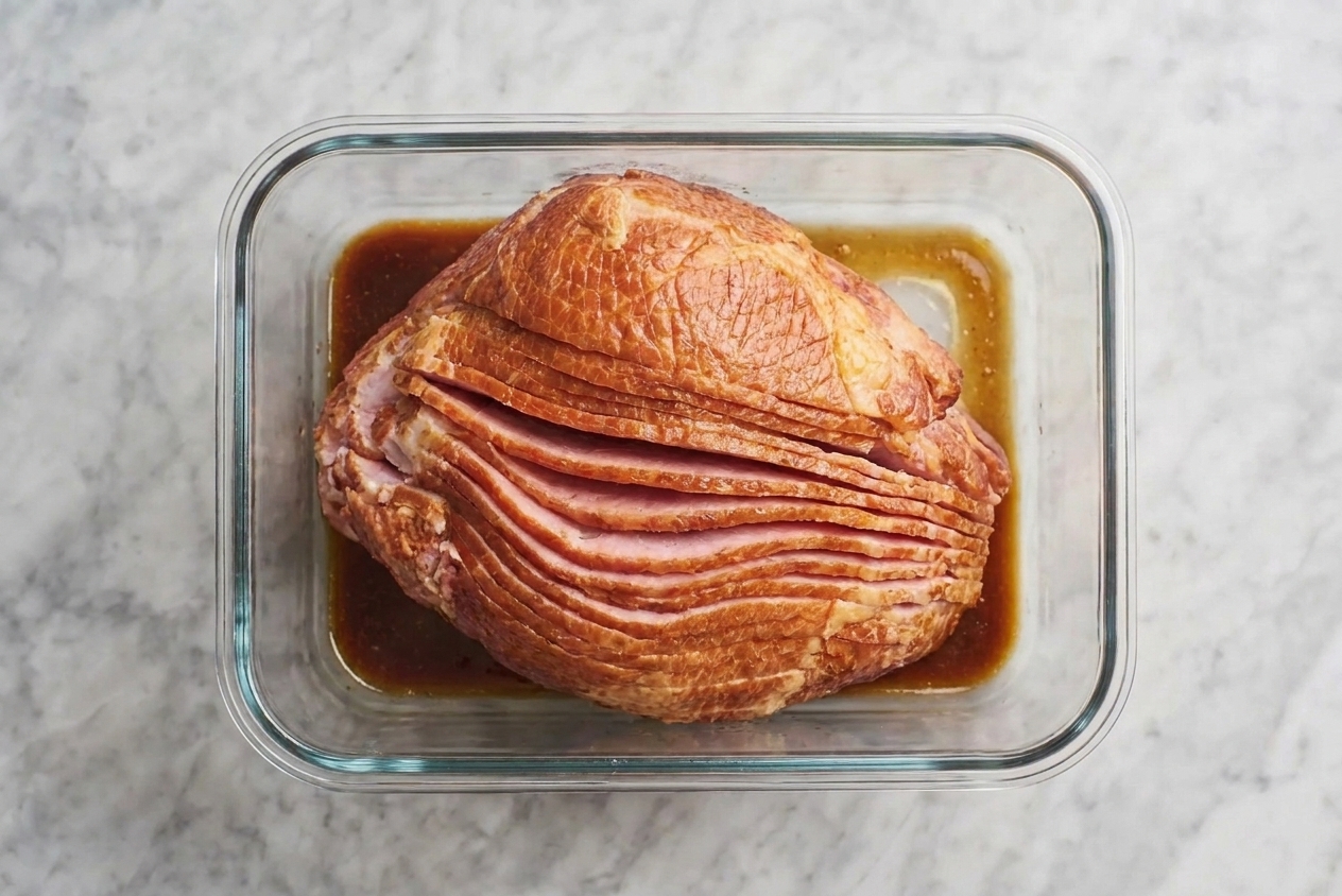 Sliced leftover ham stacked in a glass storage container with a small pool of glaze at the bottom on a kitchen counter