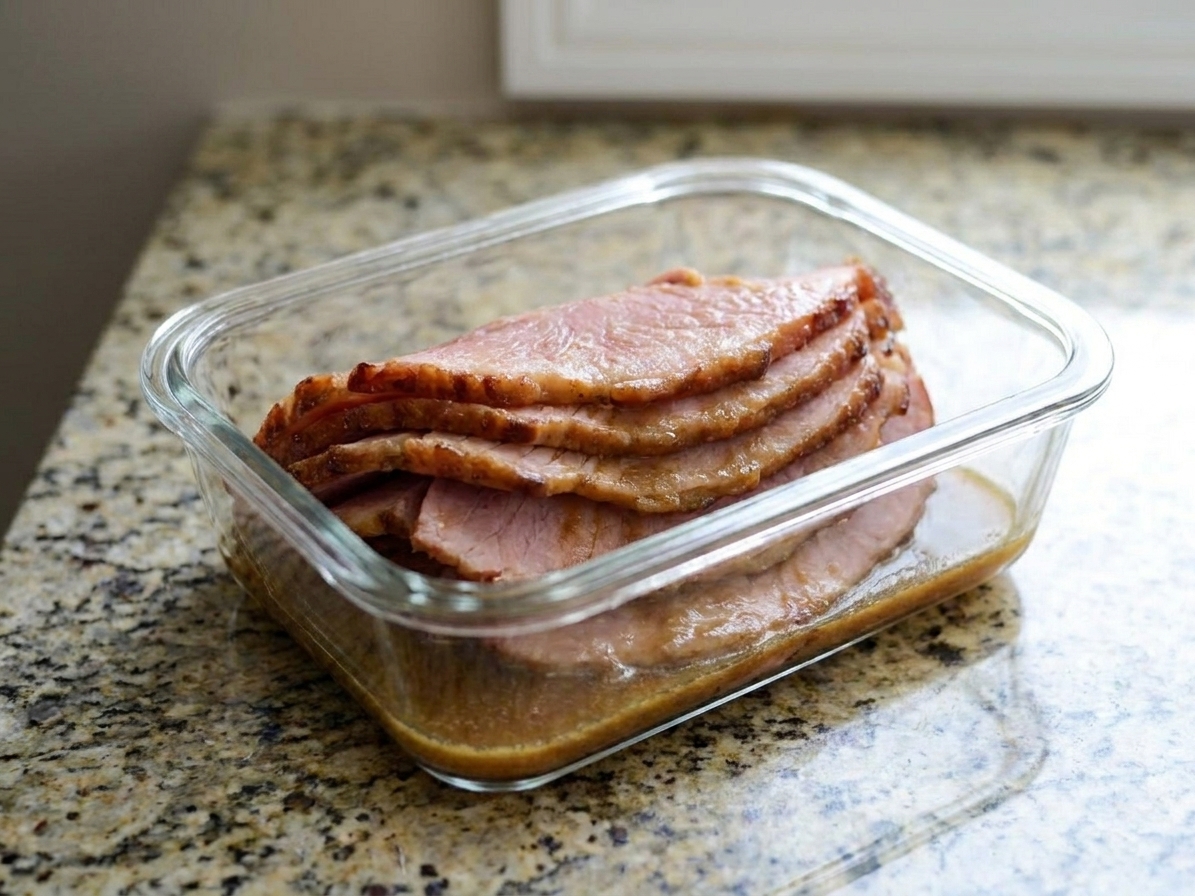 Sliced leftover ham stored in a glass airtight container with a little glaze pooled at the bottom on a kitchen counter