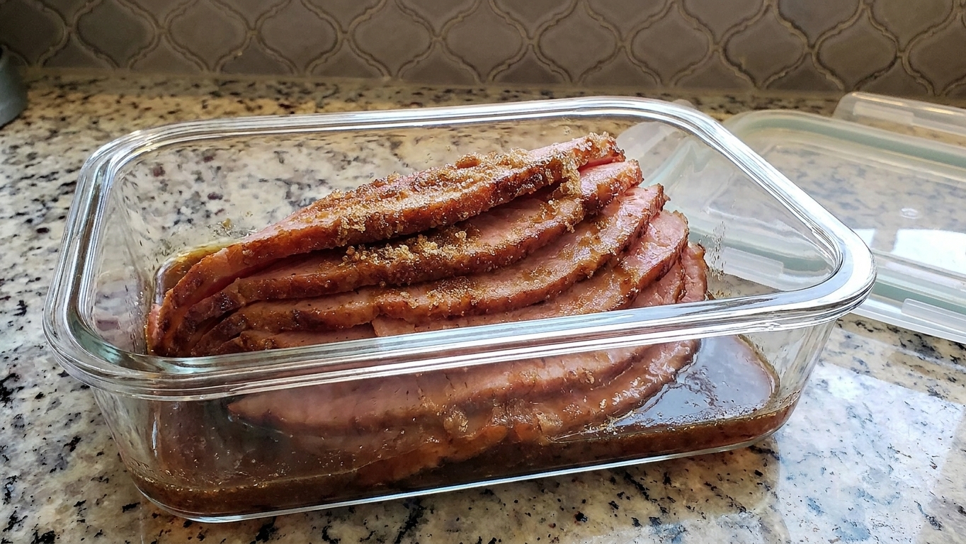 Sliced leftover ham stored in a glass container with a little glaze at the bottom on a kitchen counter