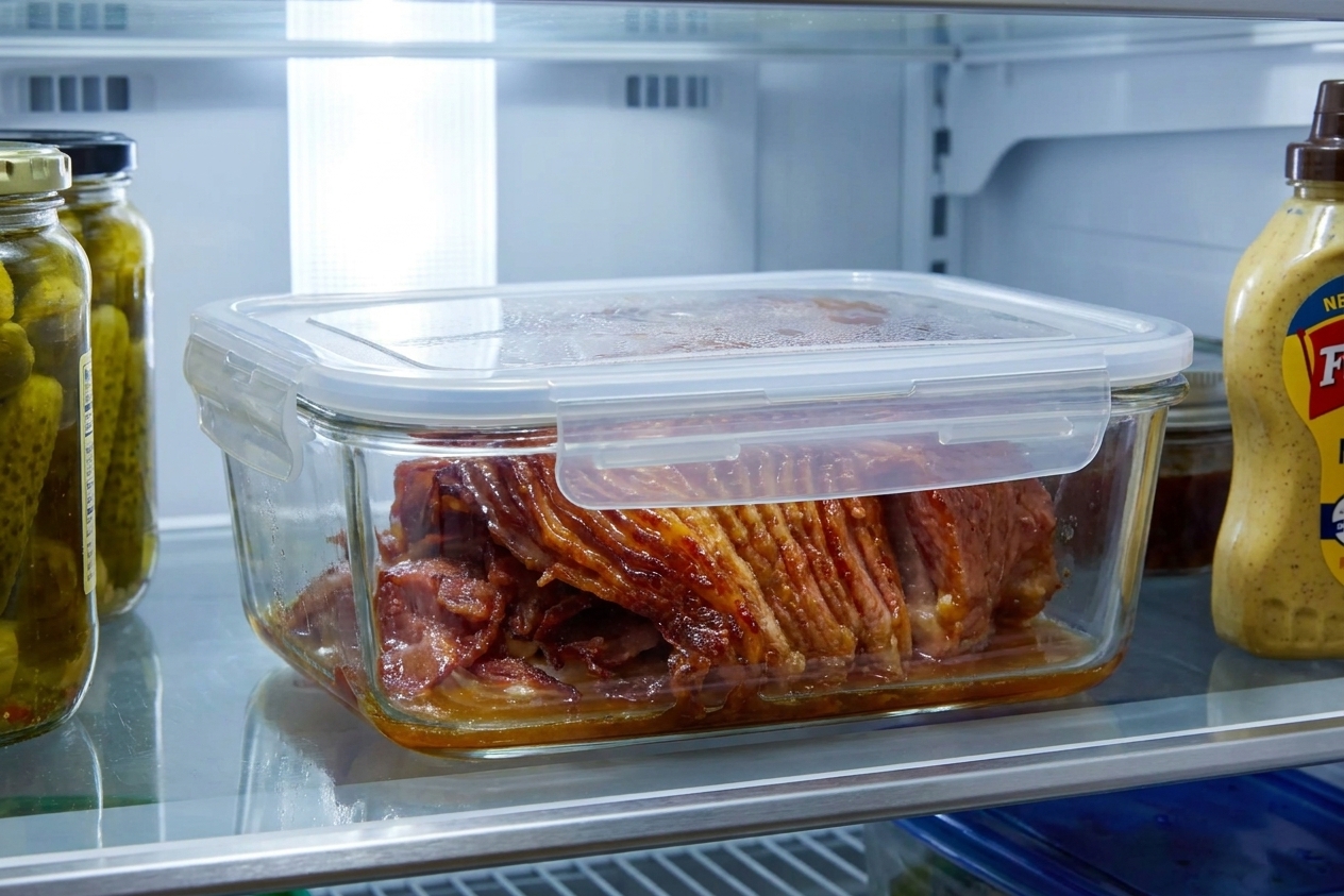 Sliced leftover honey glazed ham in a glass airtight container in a refrigerator, with visible glaze on the slices