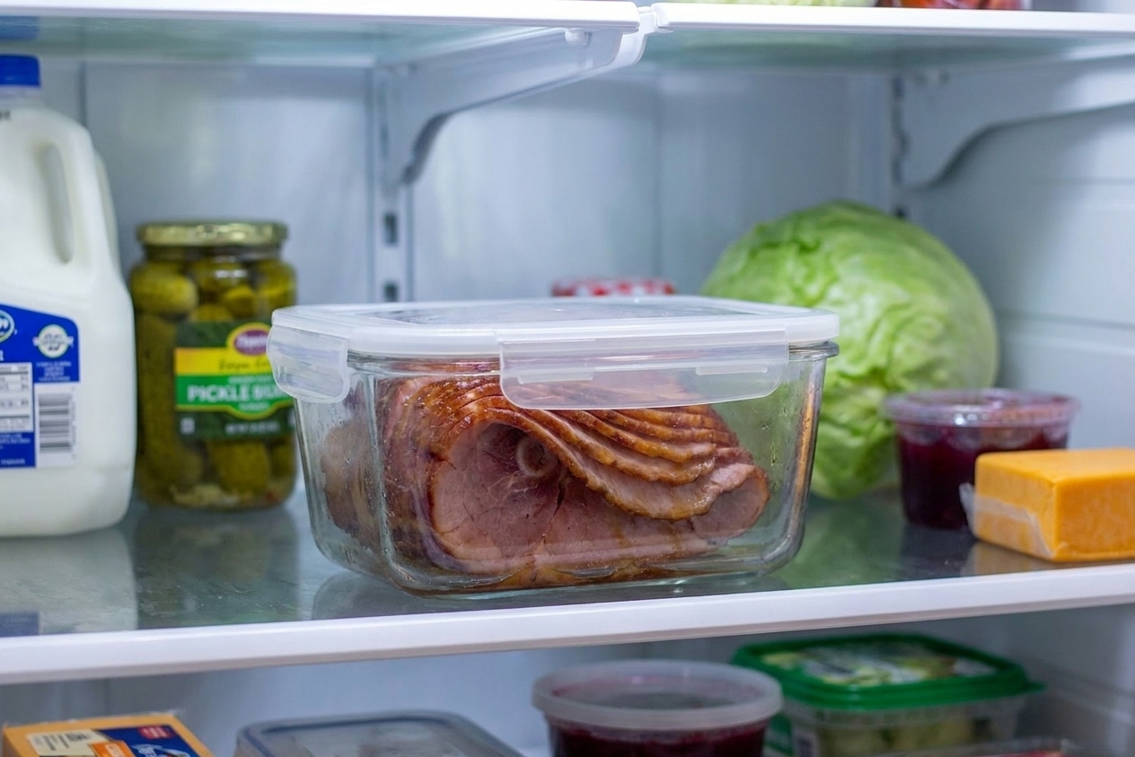 Sliced leftover honey glazed ham stored in a clear airtight container on a refrigerator shelf