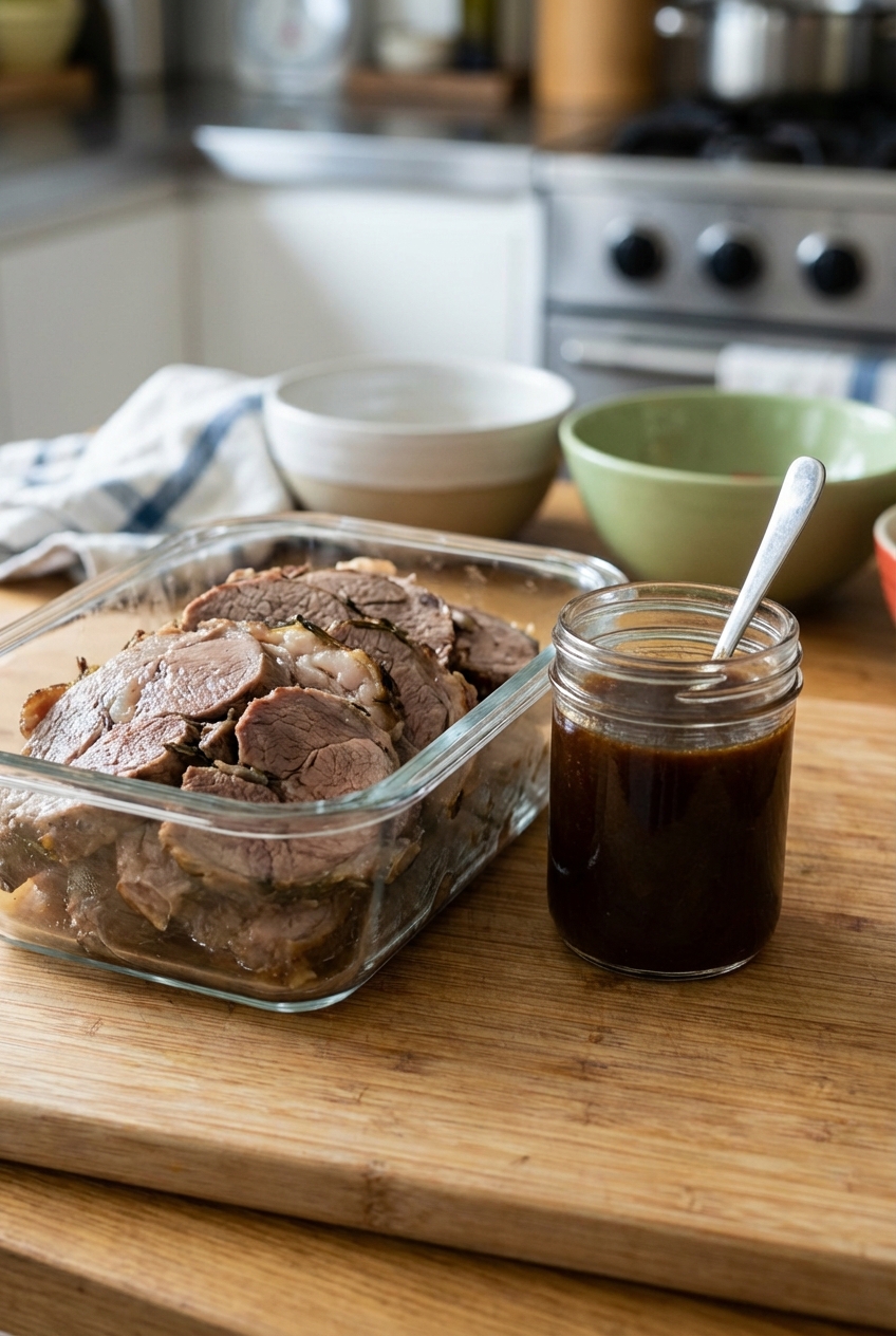 Sliced leftover lamb in a glass container with a small jar of pan sauce beside it