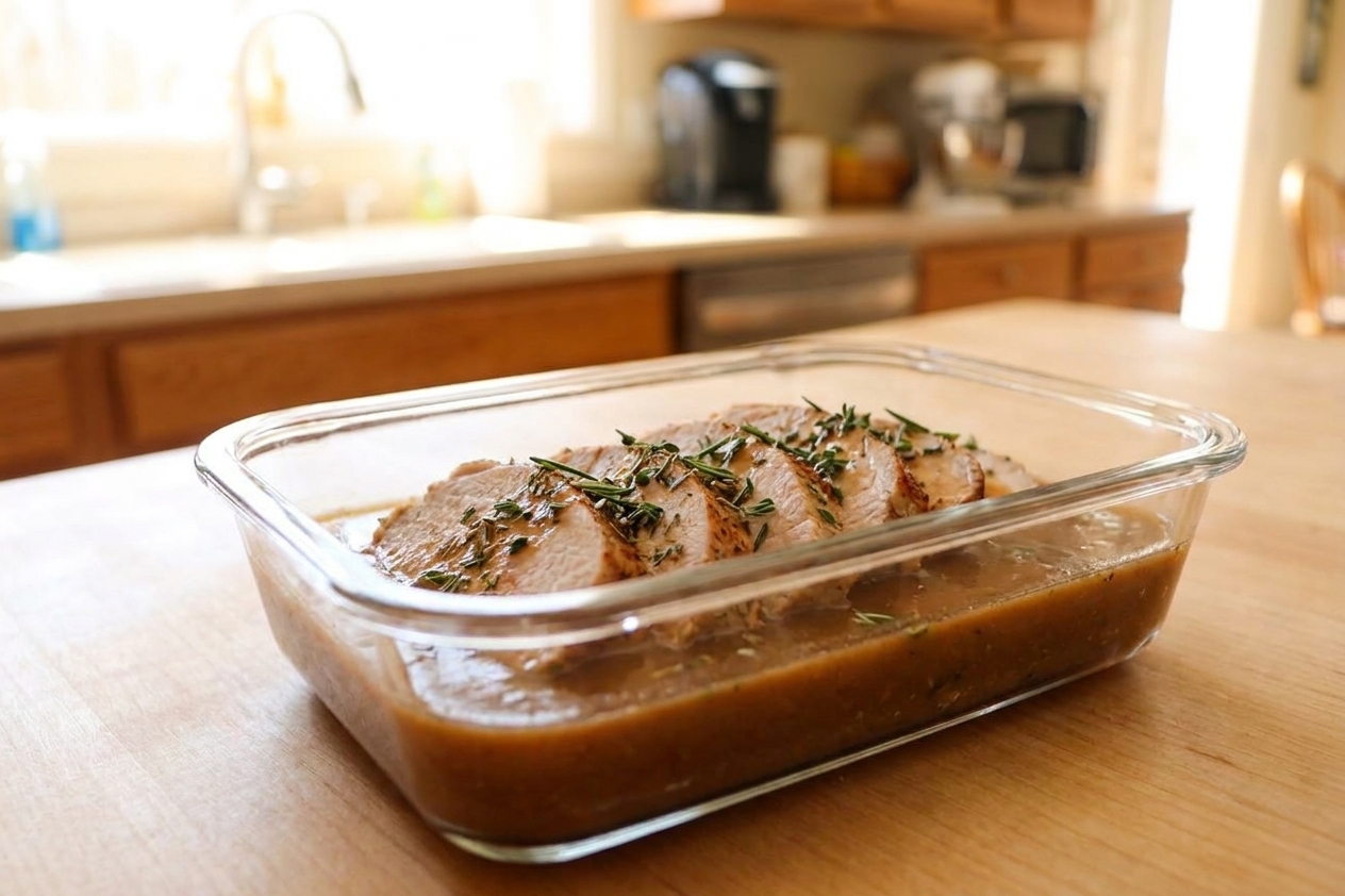 Sliced leftover pork loin in a glass meal prep container with gravy, placed on a kitchen counter