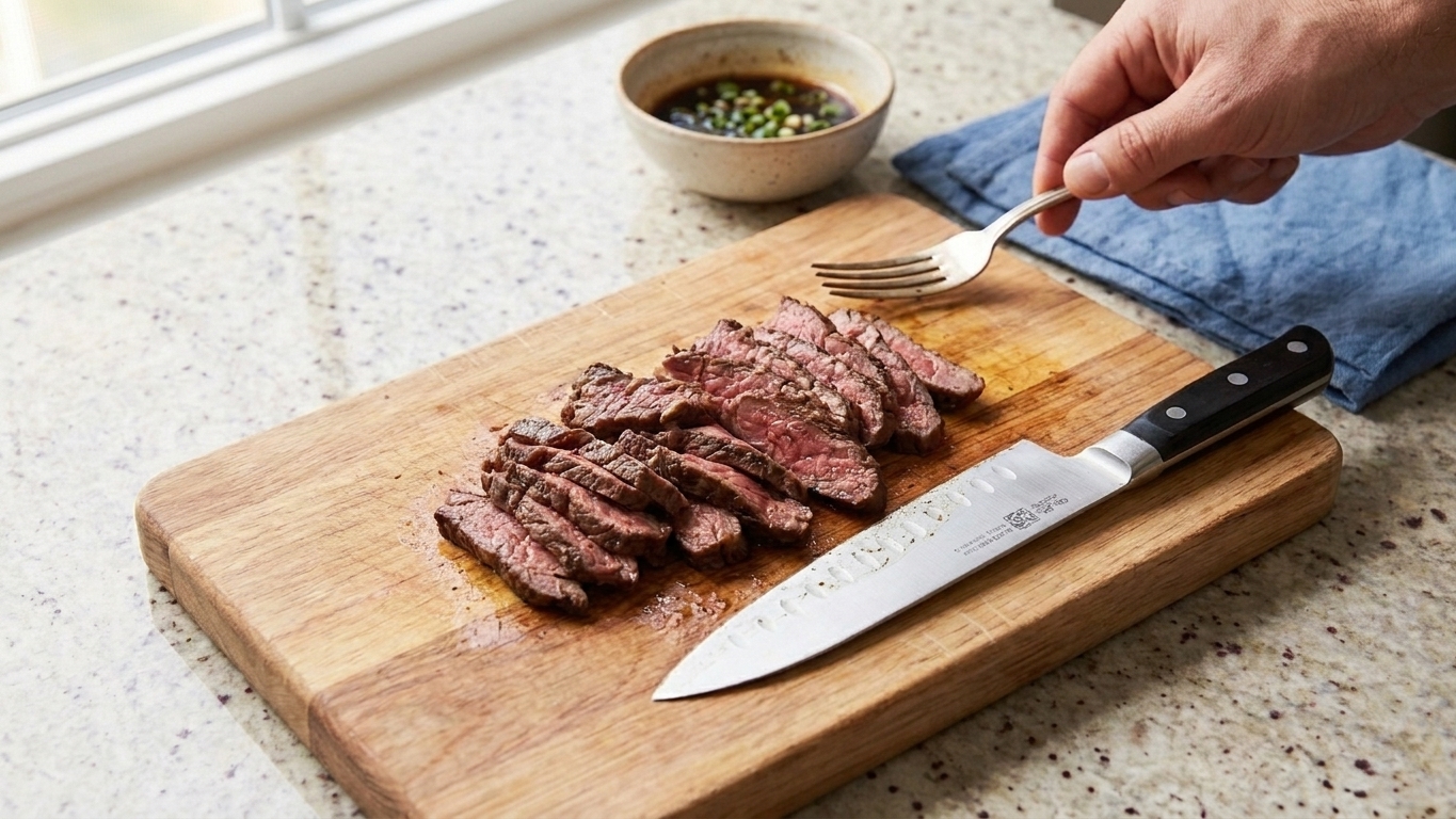Sliced leftover steak resting on a cutting board next to a chef's knife