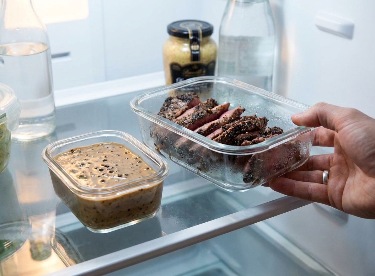 Sliced leftover steak stored in a glass meal prep container with a small separate container of peppercorn sauce on a refrigerator shelf