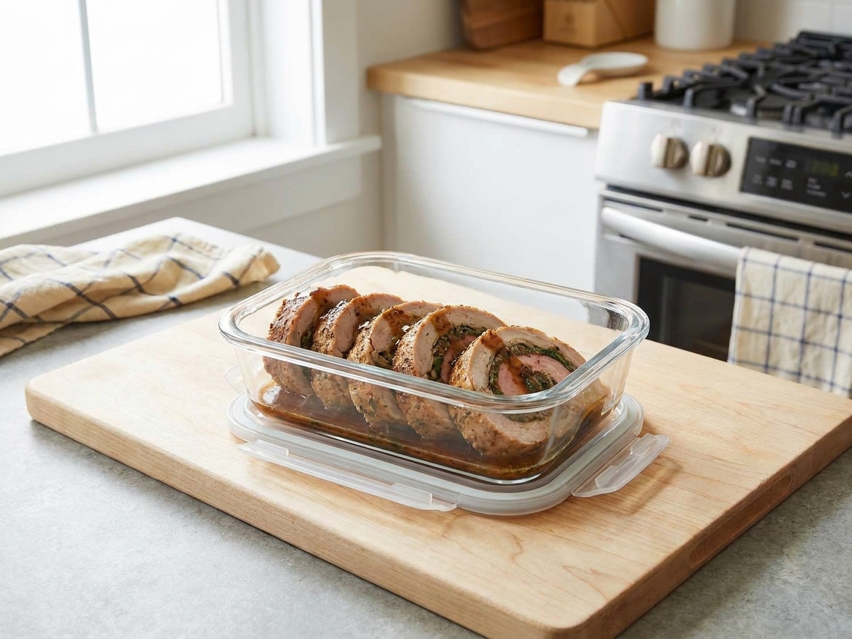 Sliced leftover stuffed pork loin packed in a glass meal prep container with a little pan sauce, sitting on a kitchen counter under soft light