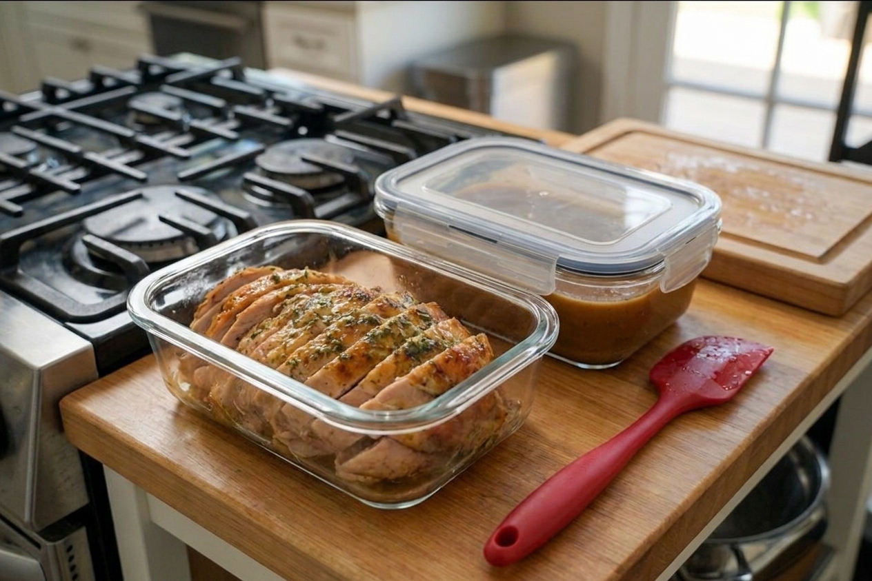 Sliced leftover turkey and gravy stored in clear airtight containers on a kitchen counter, ready to refrigerate