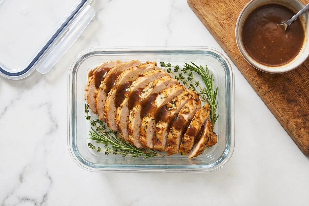 Sliced leftover turkey breast in a glass meal prep container with a small amount of gravy, sitting on a kitchen counter