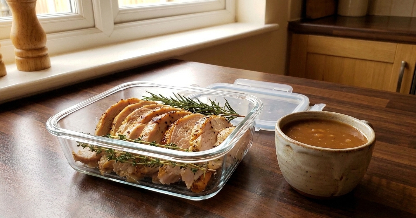 Sliced leftover turkey in a glass storage container with a small cup of gravy beside it on a kitchen counter