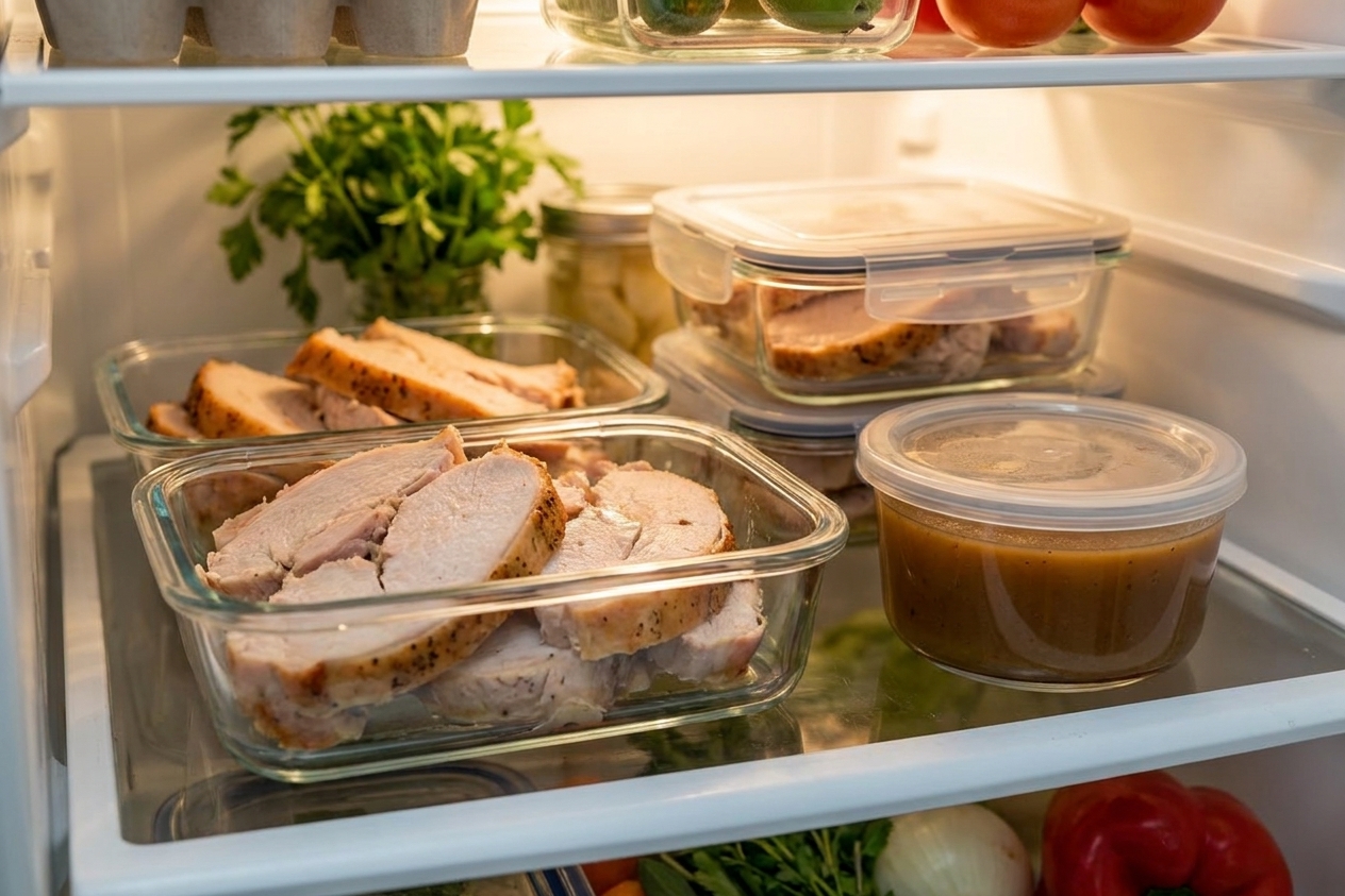 Sliced leftover turkey in glass meal prep containers with a small container of gravy beside them on a refrigerator shelf in realistic home kitchen lighting