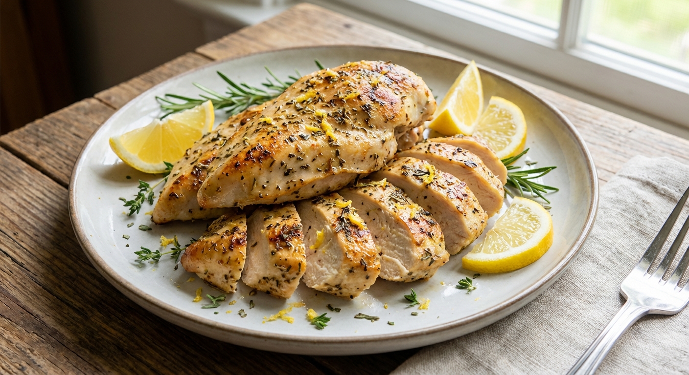Sliced lemon herb chicken on a plate with lemon wedges and herbs