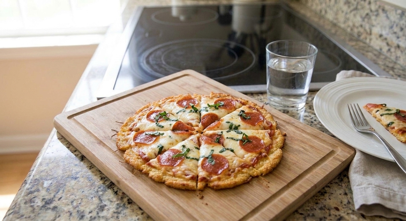 Sliced low carb pizza on a cutting board with a simple table setting
