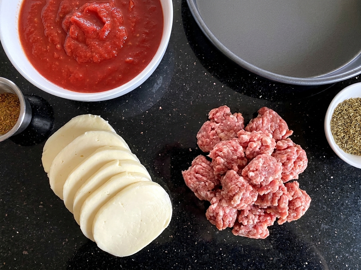 Sliced low-moisture mozzarella, Italian sausage, and a bowl of crushed tomatoes on a kitchen counter ready for deep-dish pizza