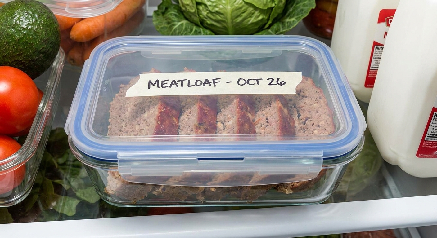 Sliced meatloaf arranged in a glass airtight container with a tight lid, labeled with date, showing proper fridge-ready storage.