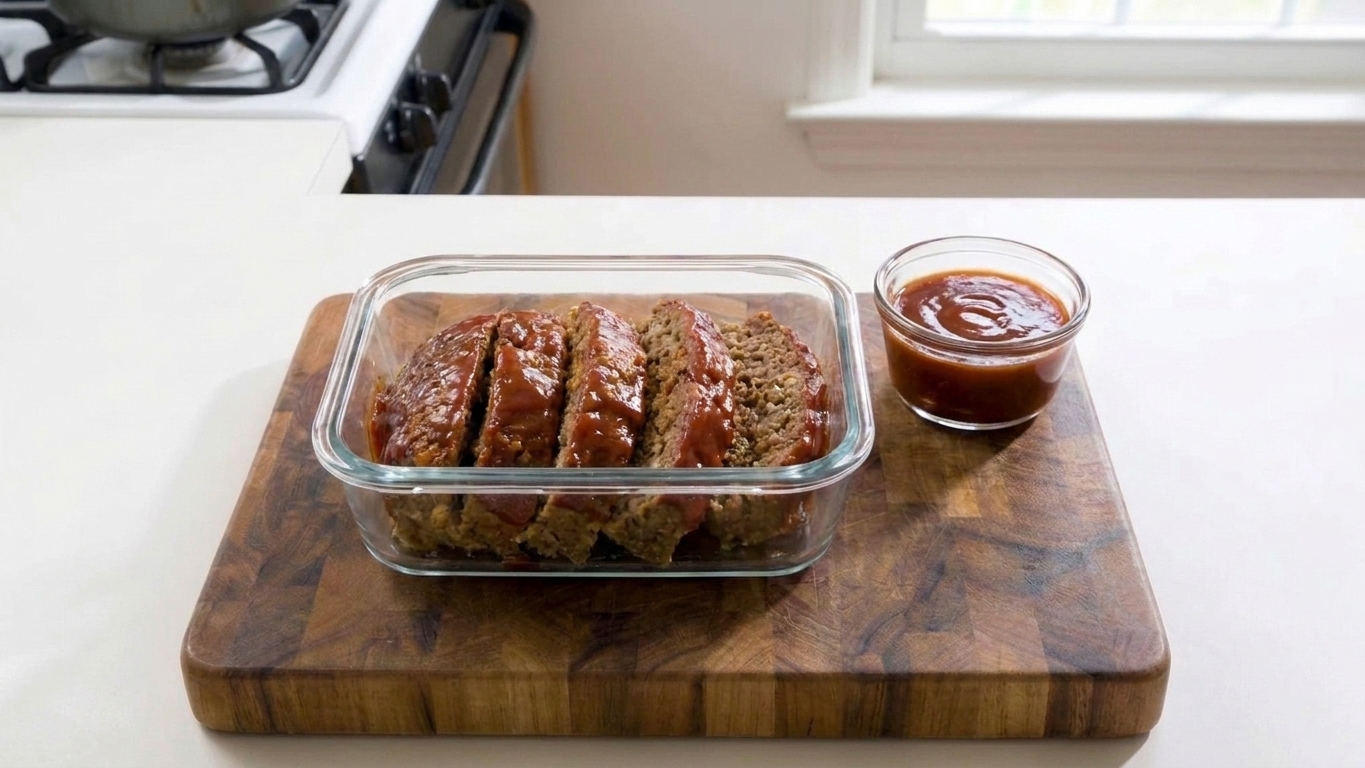 Sliced meatloaf arranged in a glass meal prep container with a small cup of extra glaze on the side