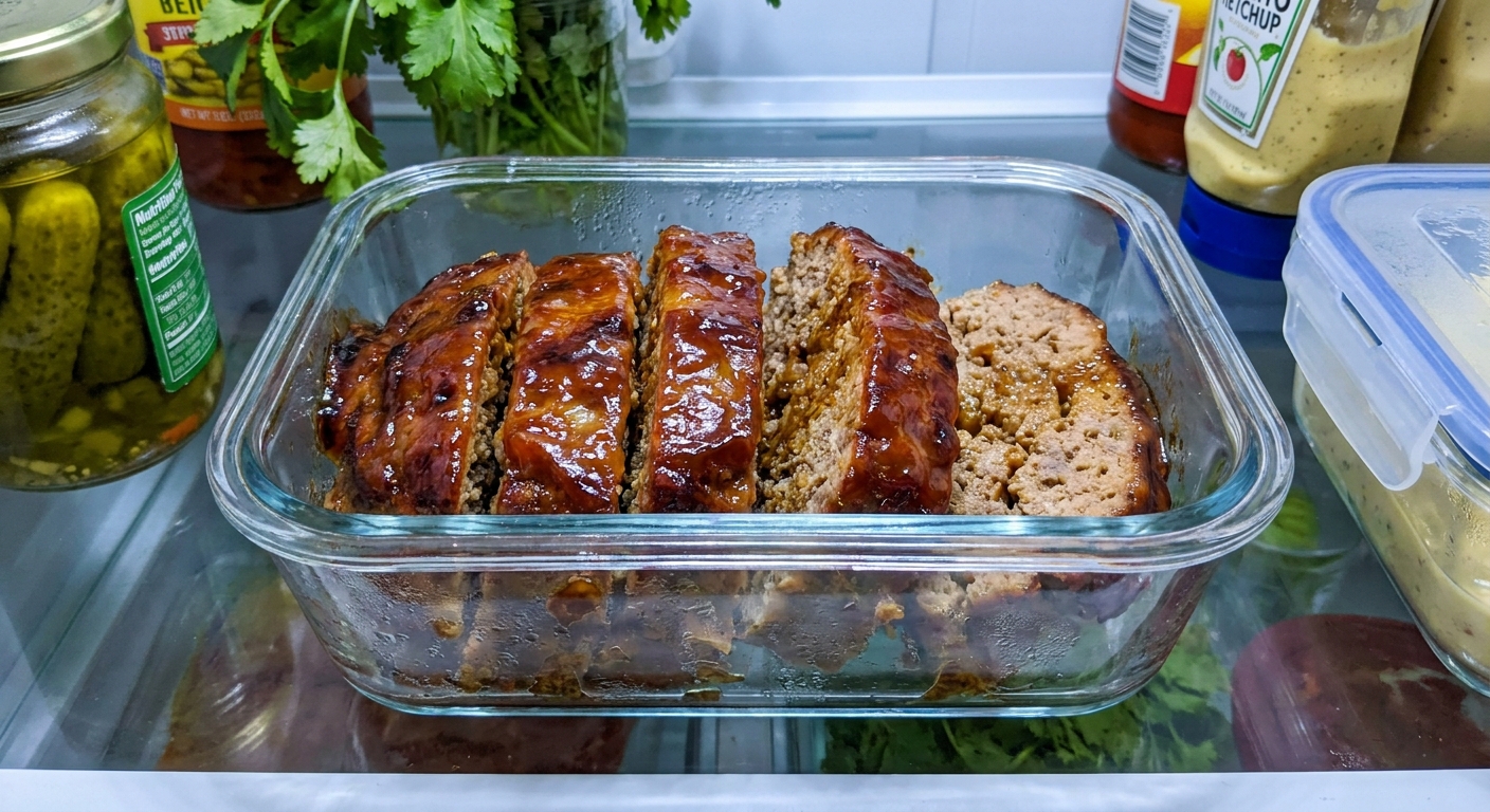Sliced meatloaf leftovers stored in a glass meal prep container with a glossy glaze, refrigerator-ready photo