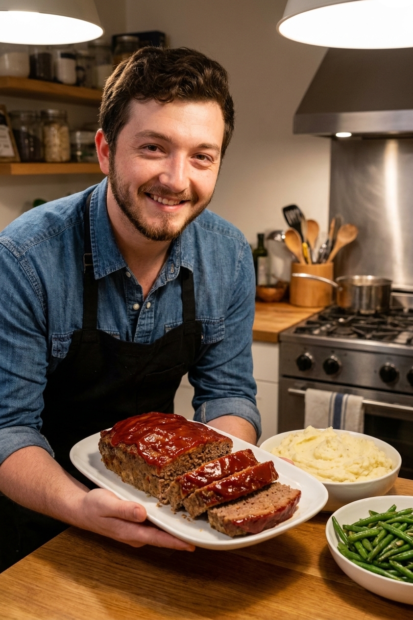 Sliced meatloaf on a white platter with a glossy ketchup glaze, with mashed potatoes and green beans in the background