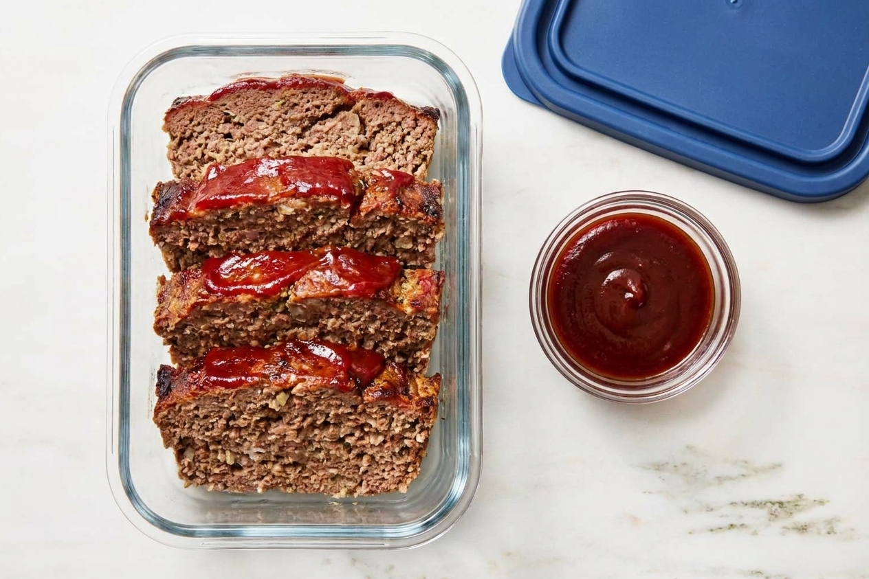 Sliced meatloaf portions in a glass meal prep container with a small container of extra glaze beside it