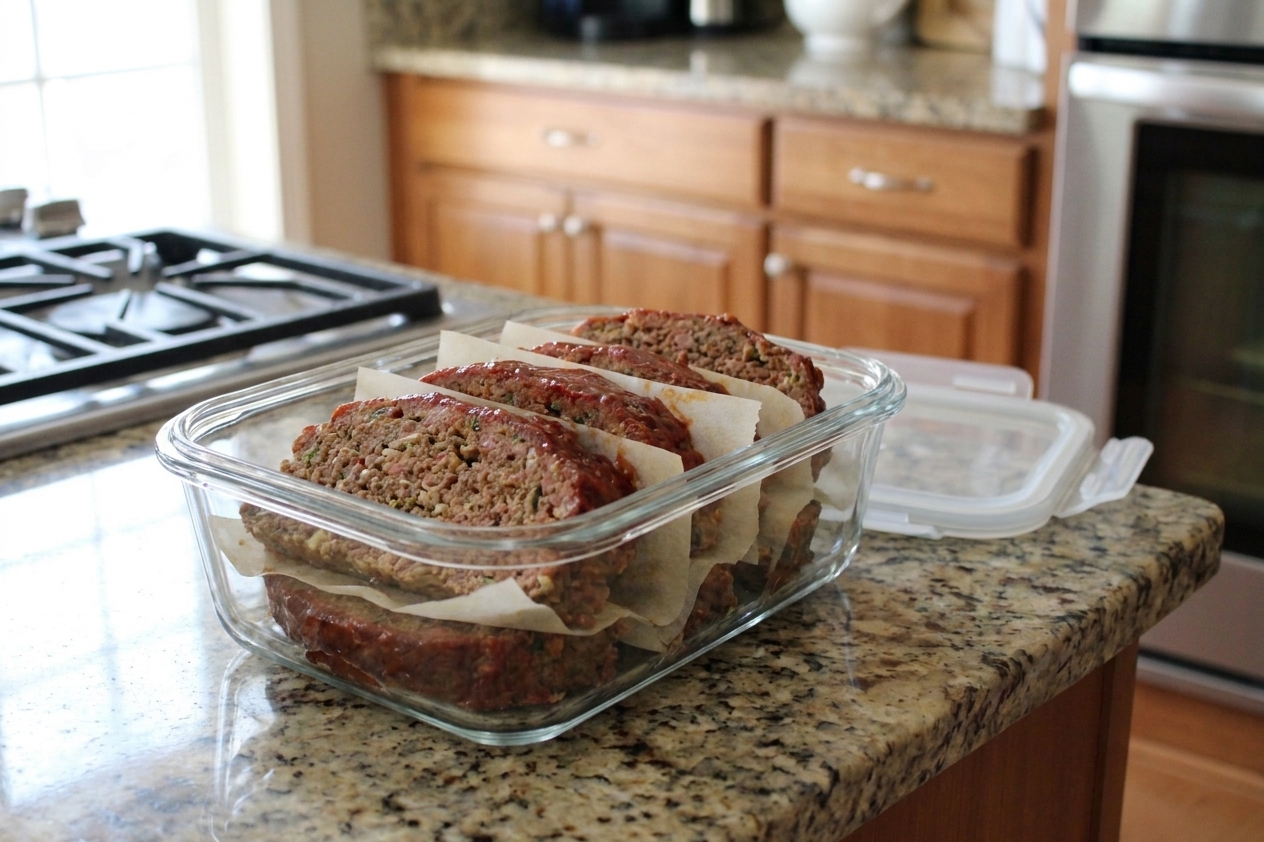 Sliced meatloaf stacked in a glass food storage container with parchment paper between slices on a kitchen counter